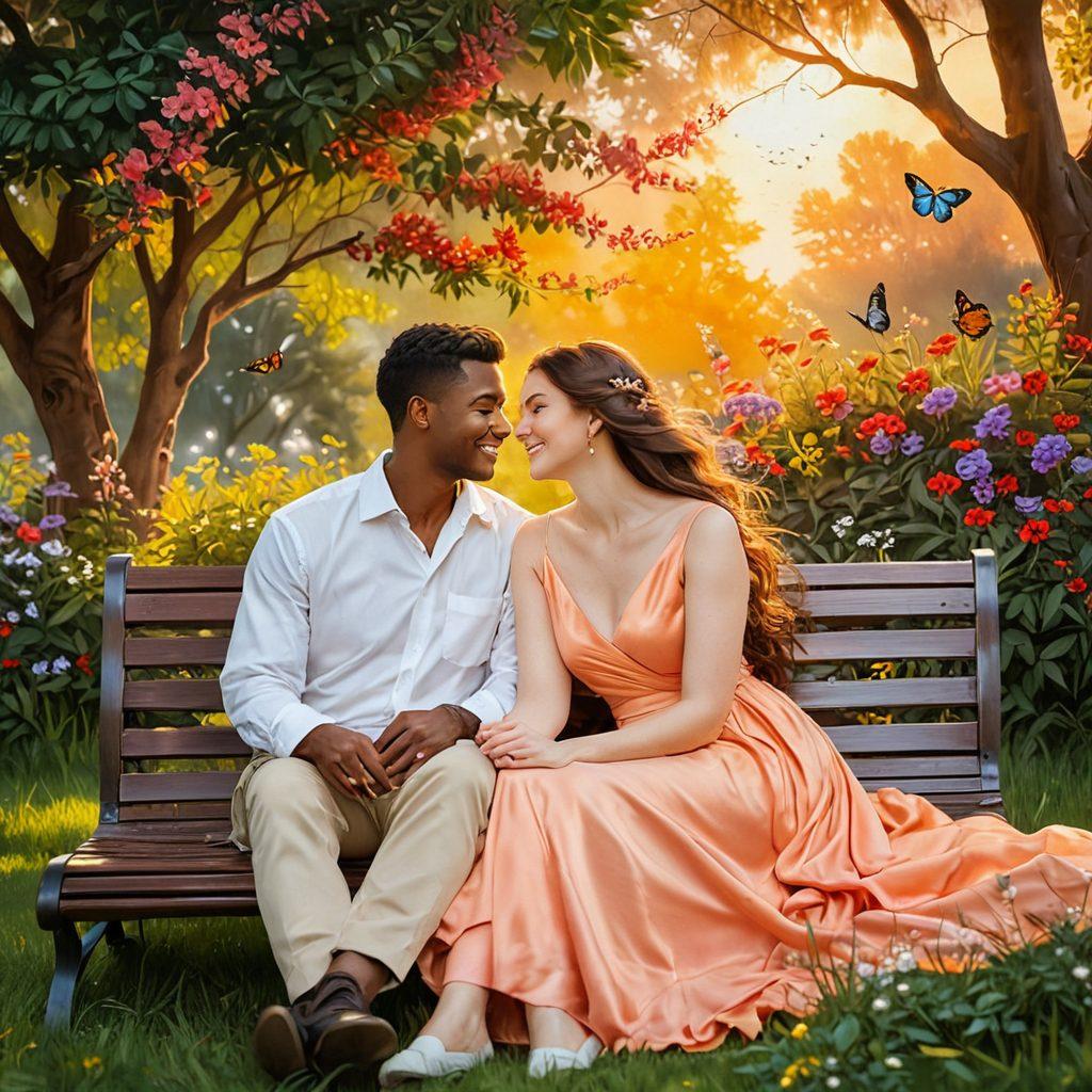 A romantic couple sitting close together in a serene park, sharing laughter and secrets under the soft glow of sunset. Surround them with blooming flowers and gentle butterflies to symbolize growth and connection. Their expressions convey deep affection and understanding, enhanced by soft lighting that adds warmth to the scene. Include a gentle breeze subtly moving through their hair, signifying the effortless flow of intimacy. painting. warm colors. serene background.