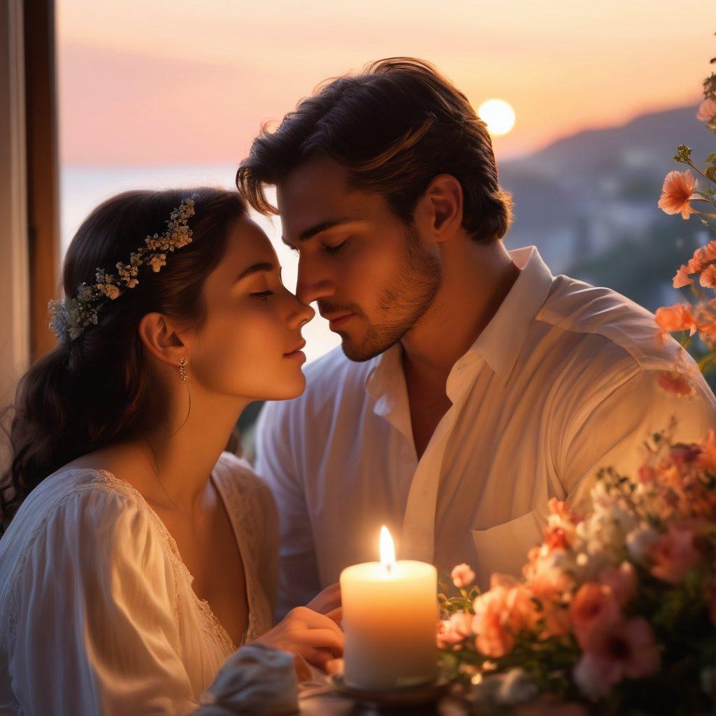 A romantic scene depicting a couple sitting closely together, gazing into each other's eyes with soft, warm light illuminating their expressions. Surround them with delicate flowers and candles to enhance the intimate atmosphere, while a blurred background of a sunset creates a dreamlike ambiance. Capture the essence of deep connection and allure. super-realistic. warm tones. ethereal background.