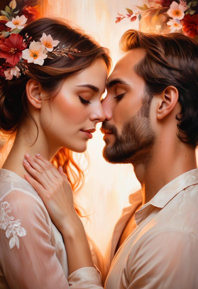 A captivating and intimate scene of a couple sharing a tender moment, their eyes locked in deep connection, surrounded by soft, warm lighting. The background features blurred floral elements to symbolize romance, while delicate textures add sensuous depth. Include subtle hints of warmth and passion radiating from them, enhancing their closeness. painting. warm colors. impressionistic.